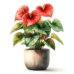 Obraz premium Watercolor Potted Houseplants Set – Monstera, Anthurium, Orchid, Succulents, Palm, Fern, Ficus – Botanical Greenery Illustrations