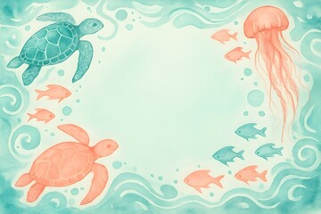 Sea themed decorative frame with shells flowers and marine elements in a blue floral vector design