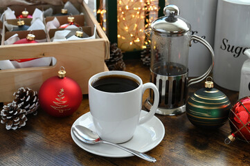 Christmas coffee background with French Press