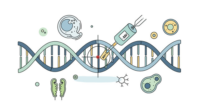 DNA helix with syringe and cells, representing genetic research.