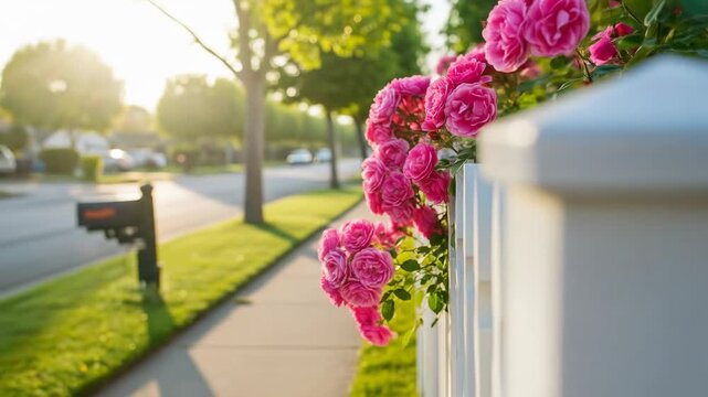 Soft morning sunlight creates warm shadows, enhancing the texture of the weathered fence and lush greenery, evoking peaceful, idyllic neighborhood charm.