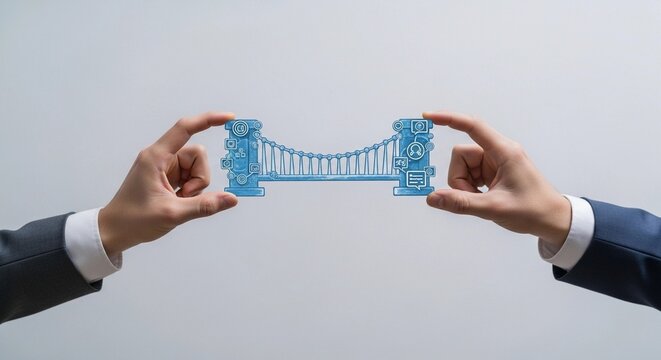 Hands holding a miniature bridge model, symbolizing connection and collaboration.