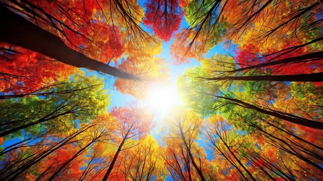 Autumn tree canopy viewed from below with vivid red, orange, yellow, green, and blue leaves