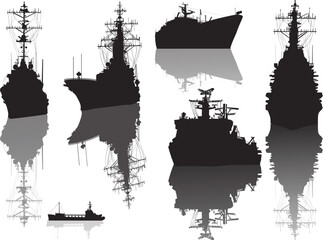 six ship black and grey silhouettes isolated on white