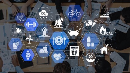 Healthy lifestyle icons show exercise, healthy lifestyle diet, and wellness routine. Healthy...