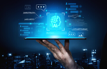 AI chatbot interface, communication bubbles, and connected data elements representing automated...