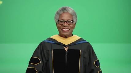 A proud senior African American woman dressed in a graduation cap and gown smiles warmly while holding her diploma against a vibrant green screen background celebrating her academic achievement and s.