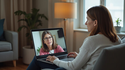 Woman having online therapy session on laptop at home Concept of online communication, virtual support, online-therapy