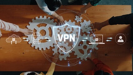 A collaborative workspace illustrating a VPN security concept with people and gear elements,...