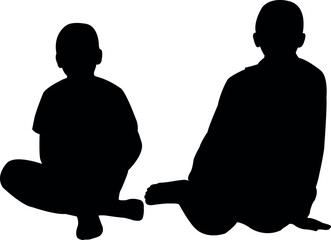 two boys kneeling down, sitting body silhouette vector