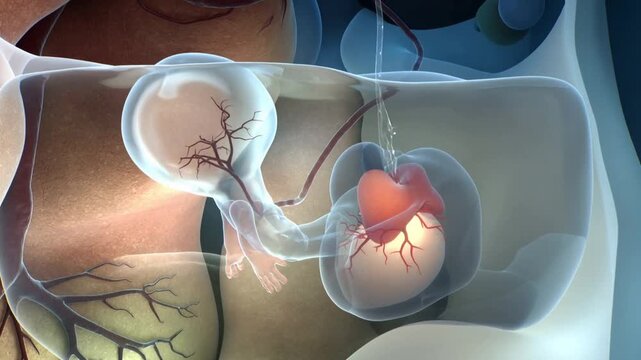 Realistic 3D animation of embryo developing in uterus showing umbilical cord and heartbeat. Pregnancy biology and motherhood theme.