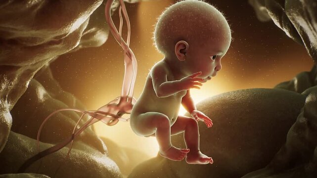 Realistic visualization of growing fetus with umbilical cord in motion. Pregnancy motherhood and miracle of life theme.