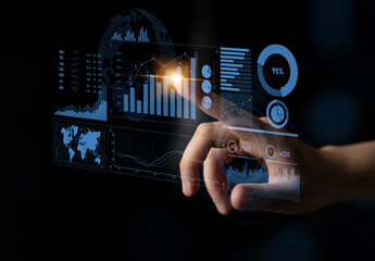 A hand interacts with advanced data visualization elements showcasing graphs and charts, highlighting essential business insights in a sleek digital interface. Scalp