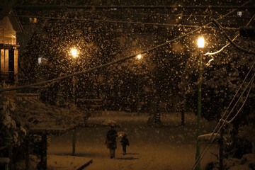 Daily Life in Japan 
Mother and young child walking through a small city park on a snowy evening