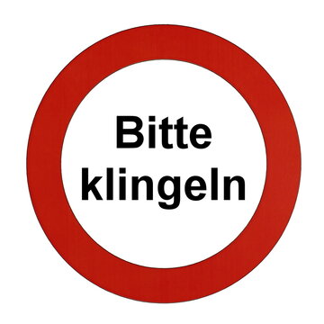 Rundes Schild mit rotem Rand und der Aufschrift "Bitte klingeln"