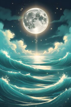 Mystic Full Moon Over Turquoise Waves with Shimmering Mist and Particle Glow ? Dreamy Spiritual Night Seascape, Vertical 916 No-Text Background