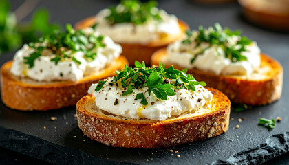 Delicious toasted bread topped with creamy cheese and fresh herbs on slate plate, appetizing food