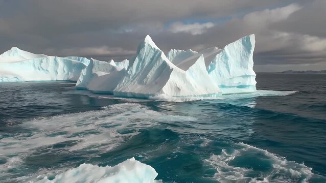 Striking  frozen seascape featuring colossal azure ice formations of remarkable and peculiar configurations Antarctic view of enormous strangely shaped magnificent icebergs adrift in oceanic waters