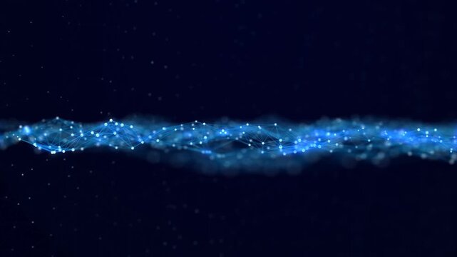 Waves transmit silent codes through a luminous matrix. Particles pulse with digital motion. 3D rendering. Seamless loop.