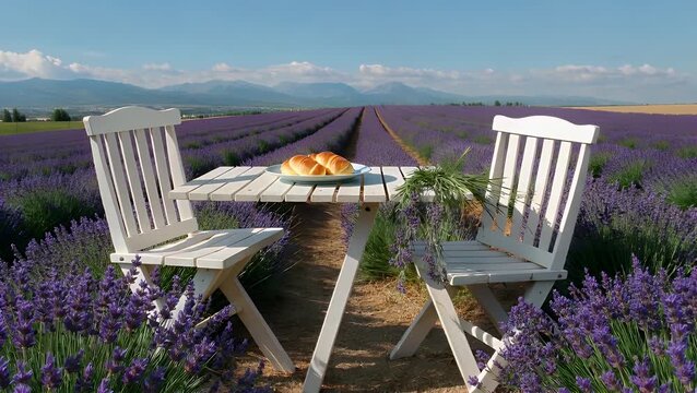 and Fragrant Purple Blossoms Stretching in Infinite Parallel Lines  with a Moving Shot of Rustic Outdoor Furniture Adorned with Fresh Pastries in a