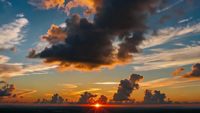 dusk sky timelapse sequence with rapidly moving cloud formations including cumulus and cirrus types floating through the dramatic twilight atmosphere before a