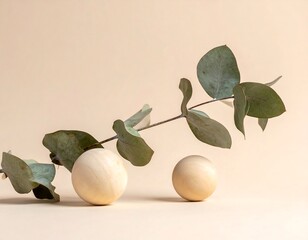 Minimalist Composition with Eucalyptus Branch and Spheres on Beige Background.