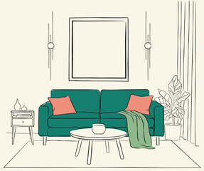 Living room graphic black white home interior sketch illustration vector