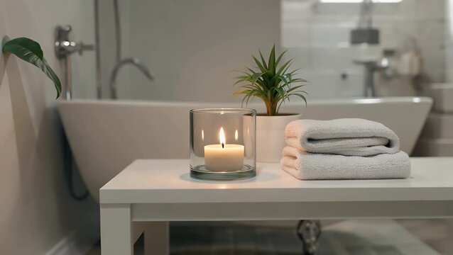 of blank white table top for copy space 3d render decorated with glass candle holders with flames cotton towel and a potted plant with a blurry bathroom