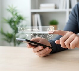 Generate idea search concept with smartphone and glowing icons for creativity, design, music, and innovation. Digital inspiration, imagination, mobile creativity, and technology concept for creative 