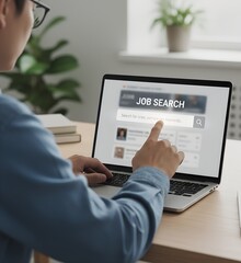 Job search concept showing person using laptop to find roles and companies online. Employment, hiring, recruitment, career opportunity, job application, resume, and business technology concept.