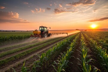 Tractor working in agricultural field during sunset. Modern farming, cultivation, soil management, agriculture industry, food production, environment, sustainability, and rural economy concept