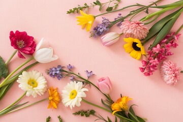 Colorful flowers on pink background flat lay. Spring floral arrangement with daisies, tulips, and blossoms. Nature, decoration, freshness, romantic, and seasonal beauty concept.