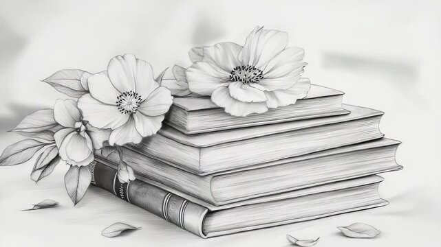 A stack of books rests elegantly on a surface, adorned with delicate white flowers resting on top. The flowers and books create a serene atmosphere, enhancing the overall quiet ele