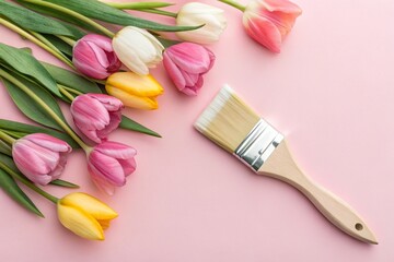 Paintbrush and tulips on pink background. Spring floral creativity concept for art and decoration. Pastel color design, freshness, and artistic minimal composition for beauty and nature themes.