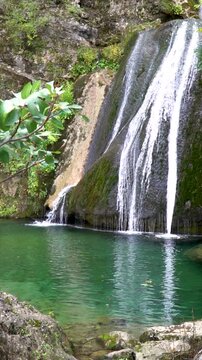 Slow motion, waterfall in Nacimiento del Rio Mundo, Riopar (Albacete, Spain).