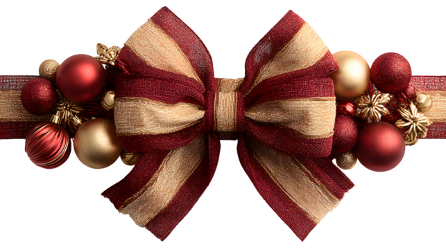PNG airborne red and gold presents with ribbon curls and Christmas balls, joyful seasonal design isolated on white background
