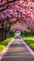 Scenic alleyway under a canopy of pink cherry blossoms in spring.