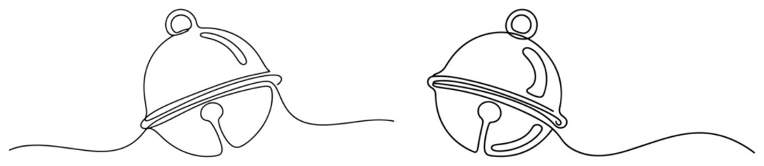 Horizontal border of ringing jingle bells on flowing ribbon – minimalist line‑art Christmas ornament