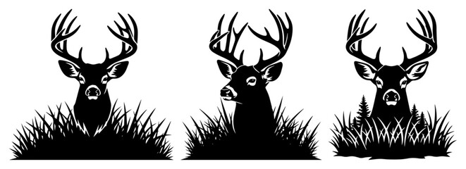 Naklejka premium Silhouette deer heads emerging from meadow grass – minimalist wildlife emblem set