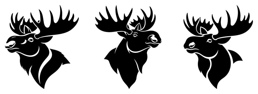 Moose head silhouettes with large antlers trio &ndash; bold woodland wildlife emblem