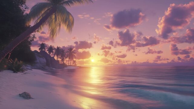 A serene sunset illuminates the beach, casting vibrant colors across the sky and reflecting off the calm ocean. The palm trees frame the sunset, creating a tranquil atmosphere at t
