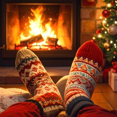 Cozy Christmas Eve - Relaxing by the Fireplace in Festive Socks.