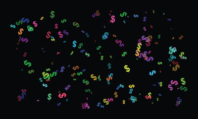 A vibrant dollar sign explosion on a black backdrop, symbolizing wealth, finance, and prosperity with colorful, scattered currency symbols and dynamic movement
