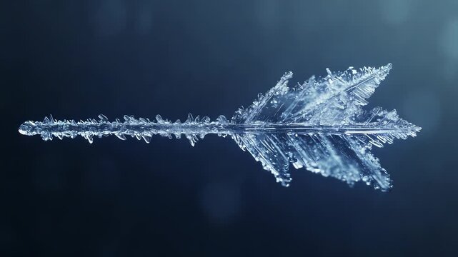 An ice arrow floats gracefully in an elegant manner, showcasing intricate crystalline details and sharp edges. The ice arrow glimmers under the light, reflecting a beautiful displa