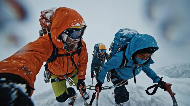 Mountaineers Ascending Snowy Mountain Slope with Ice Axes and Gear.