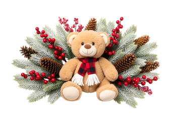Teddy Bear with Plaid Scarf Amidst Frosted Pine &ndash; Cozy, Heartwarming Holiday Scene of Winter Charm

