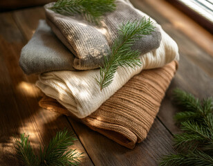 A cozy woolen three beige brown white folded sweaters crafted from thick wool
