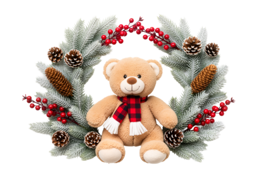 Teddy Bear with Plaid Scarf Amidst Frosted Pine – Cozy, Heartwarming Holiday Scene of Winter Charm

