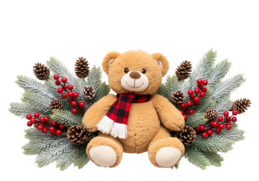 Teddy Bear with Plaid Scarf Amidst Frosted Pine – Cozy, Heartwarming Holiday Scene of Winter Charm

