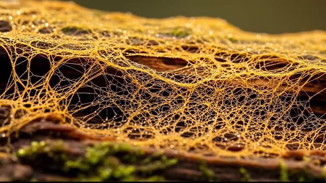 Organic network structure moving across decaying wood &mdash; macro biology footage